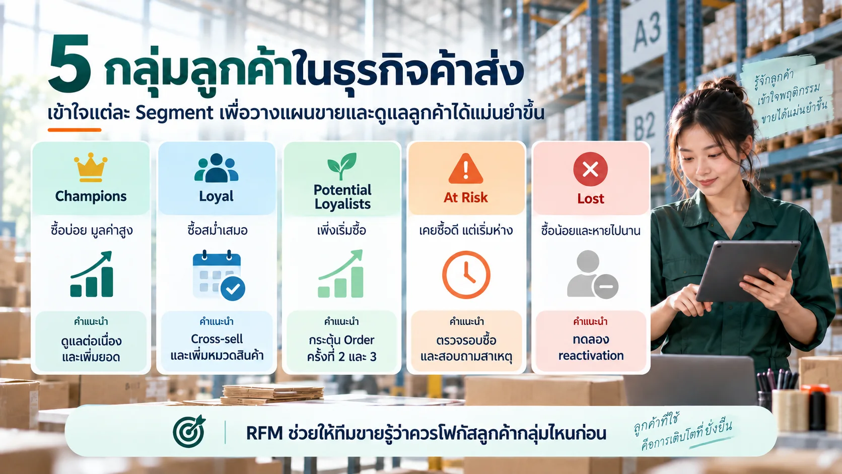 ตัวอย่าง 5 กลุ่มลูกค้า RFM ได้แก่ Champions Loyal Customers Potential Loyalists At Risk และ Lost